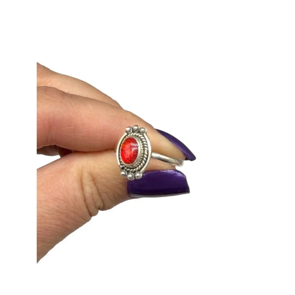 Australian Fire Opal Ring Size 7.5 Solid 925 Sterling Silver Red Orange